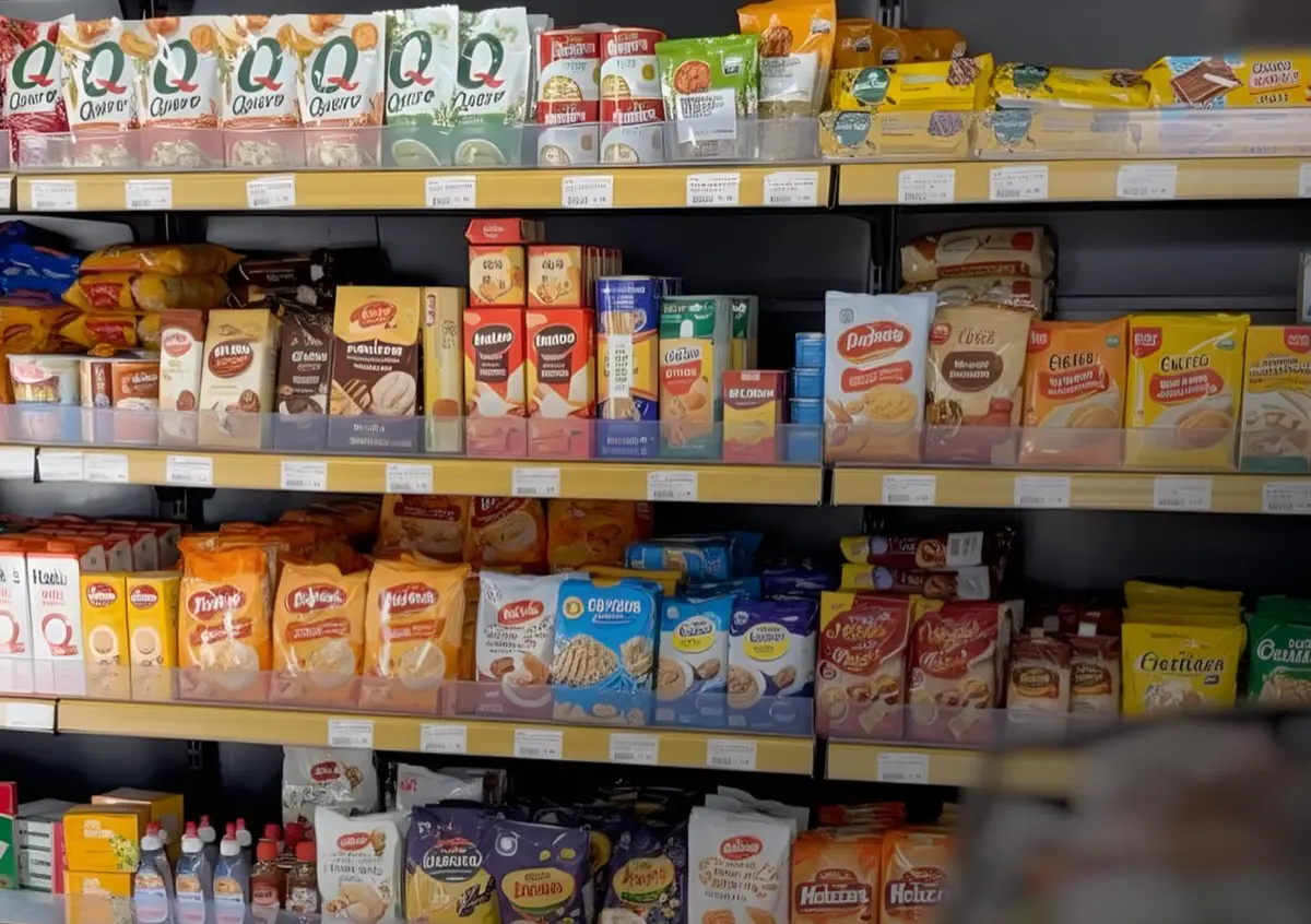 Gôndolas de mercearia com prateleiras amarelas cheias de biscoitos, massas e temperos